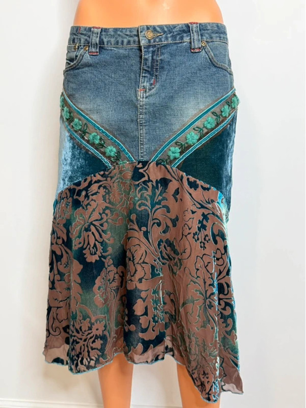 Patricia Forgeal LM Lulu Y2K Denim Velvet Burnout Midi Skirt